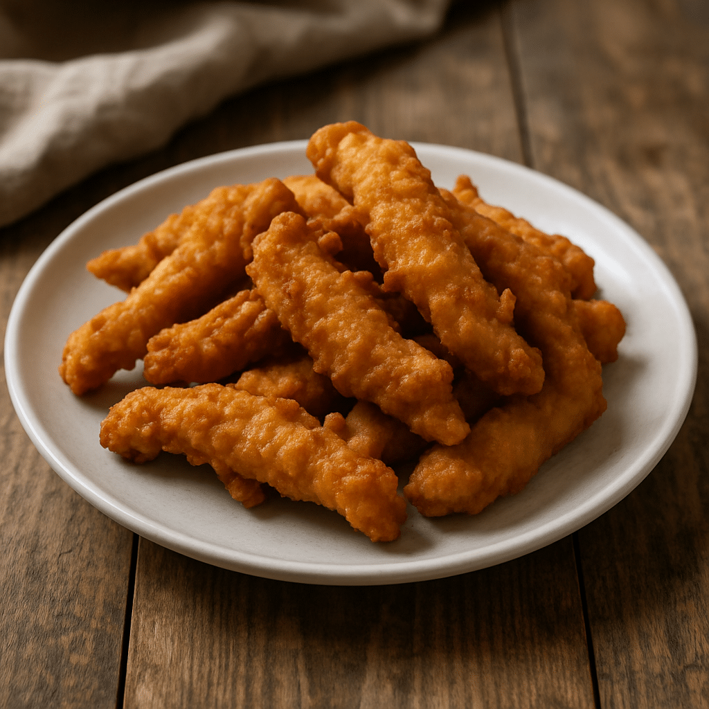 Sprøde indbagte kyllingestykker på tallerken